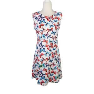 Vintage 90s White Red Blue Butterfly Print Mini Dress S